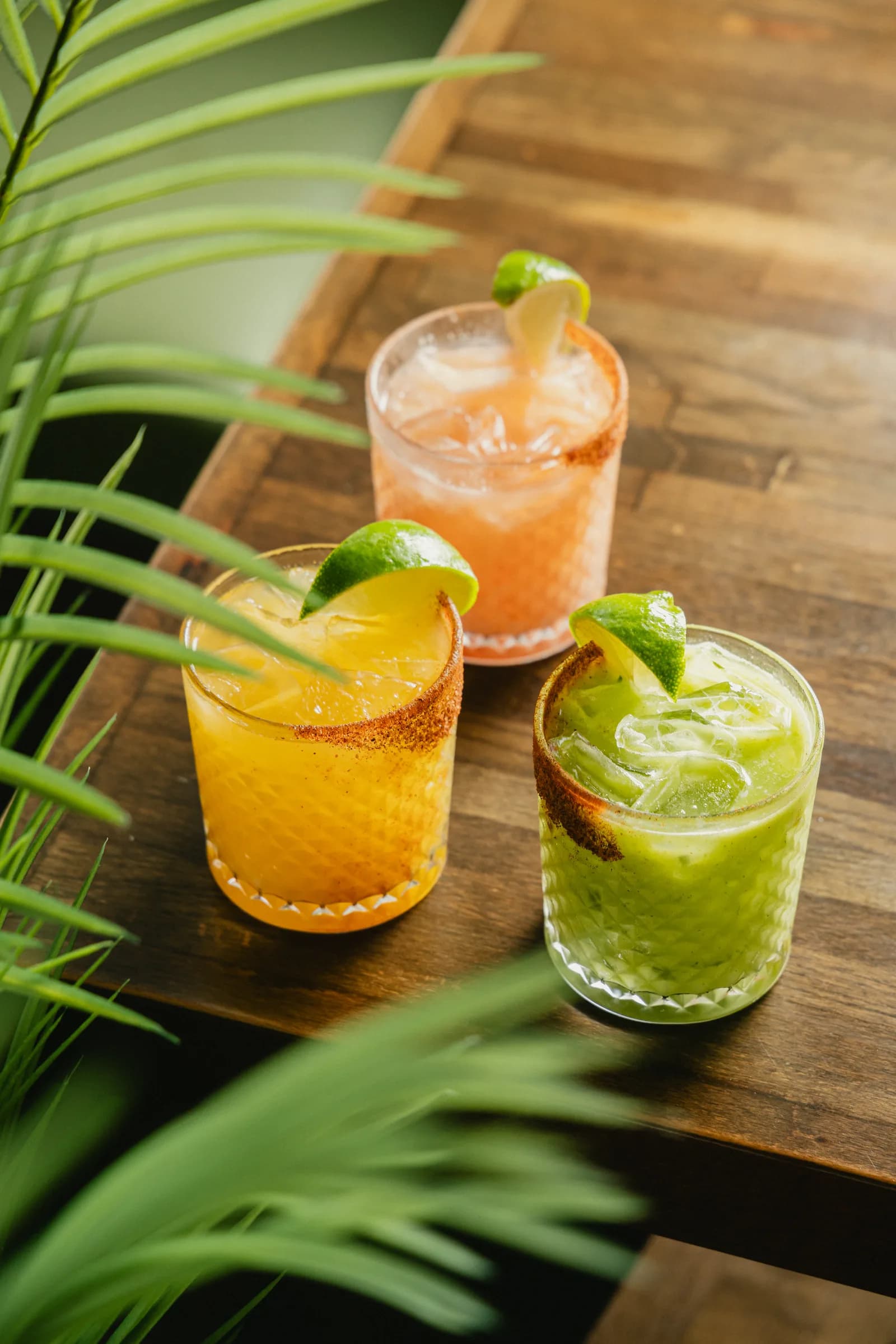Three cocktails lined up on the bar at Crown Cantina