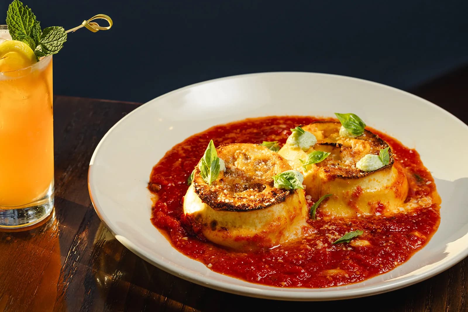 Eggplant in tomato sauce, finished with basil